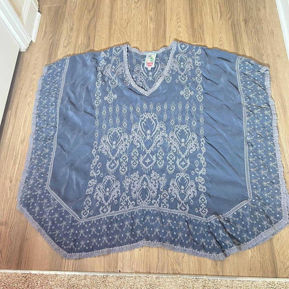 Johnny Was 1X Blue Gray Cupra Rayon Embroidered Poncho Tunic Boho Lagenlook